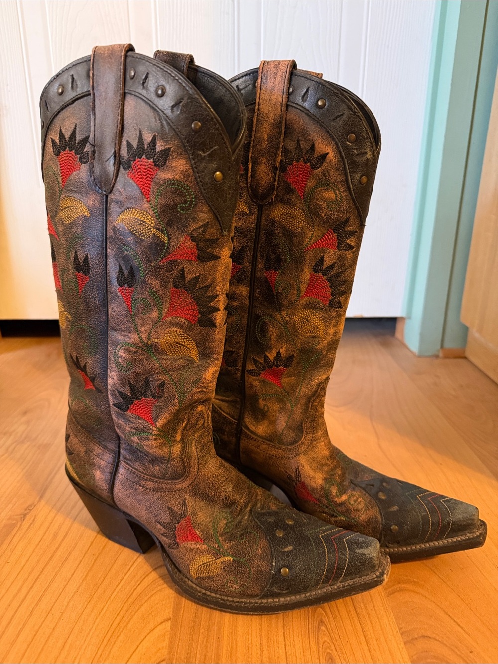 Tony Lama Brown Leather Western Heeled Boots with Red flower Accents - Picture 2 of 3